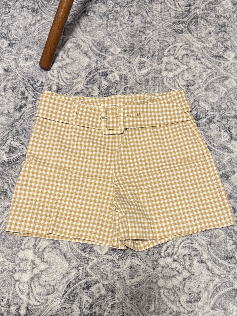 Jules & Leopold Tan Gingham High-Waist Belted Shorts
